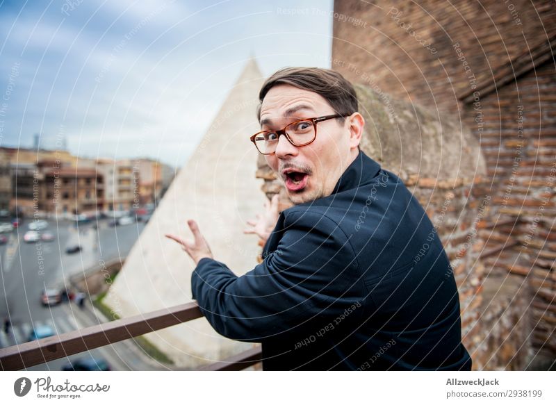 Young man freaks out seeing a pyramid in rome Europe Italy Rome Town City Vacation & Travel Travel photography Blue sky Clouds Person wearing glasses Eyeglasses