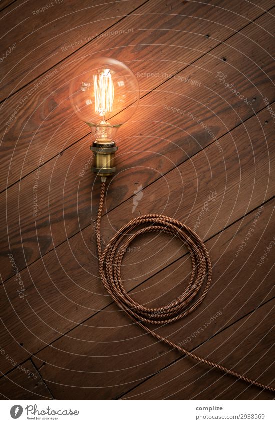 Vintage light bulb with textile cable on wooden floor Lifestyle Living or residing Flat (apartment) House building Redecorate Arrange Interior design Decoration