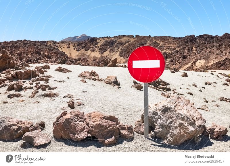 Mars like landscape with No Entry traffic sign. Vacation & Travel Tourism Trip Adventure Far-off places Freedom Mountain Nature Landscape Sand Sky Rock Volcano