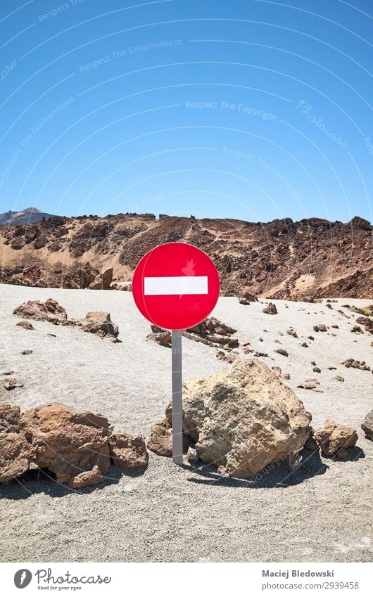 Mars like landscape with No Entry traffic sign. Vacation & Travel Tourism Mountain Nature Landscape Sand Sky Rock Volcano Loneliness Problem solving Fiasco Risk
