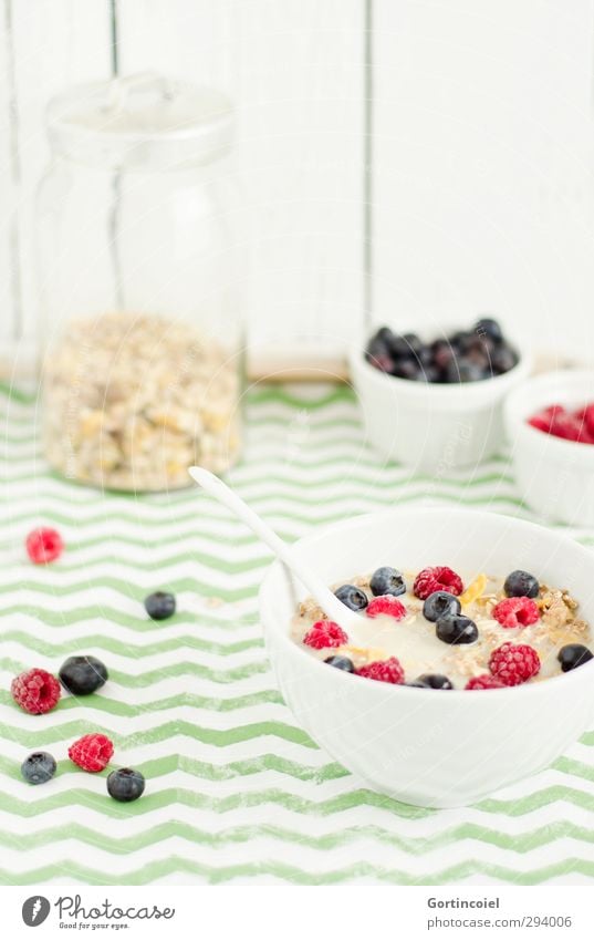 Fruity breakfast Food Nutrition Breakfast Organic produce Vegetarian diet Slow food Bowl Spoon Fresh Healthy Delicious Food photograph Breakfast table Berries