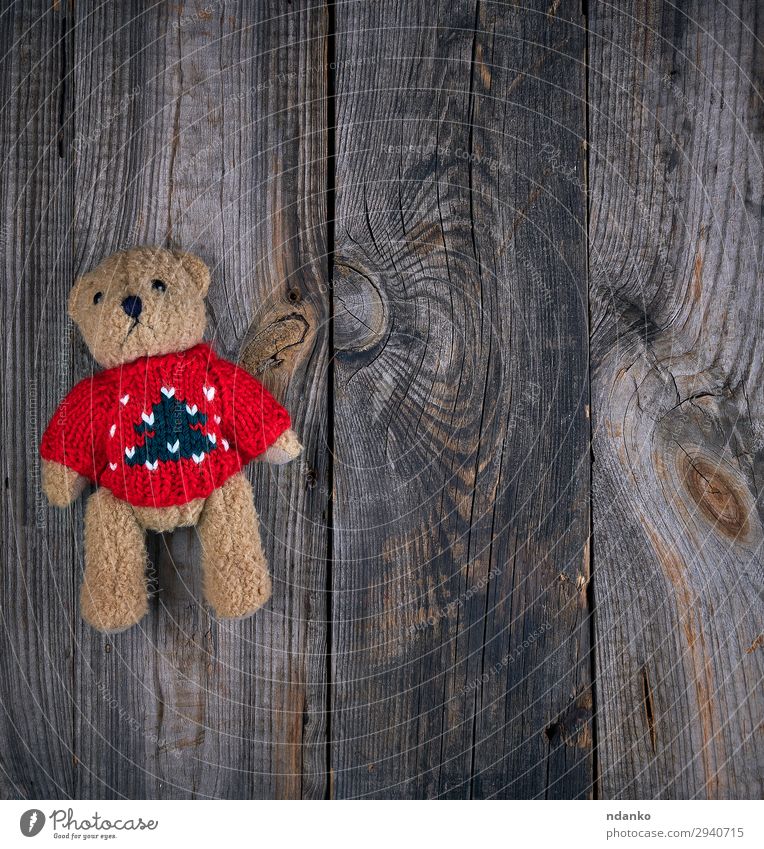 small brown old teddy bear Child Sweater Toys Doll Teddy bear Wood Old Love Small Cute Retro Soft Brown Red Idea background Bear Conceptual design Copy Space