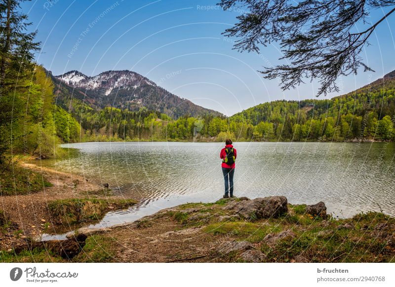 Mountain lake, woman standing Trip Adventure Far-off places Freedom Hiking Woman Adults 1 Human being Nature Landscape Sky Spring Beautiful weather Forest Hill