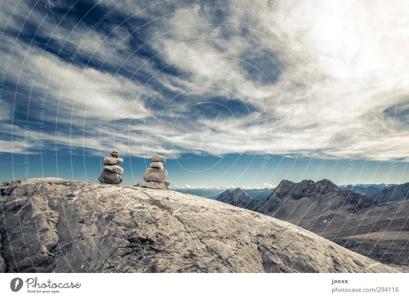Twin Tower Nature Landscape Elements Sky Clouds Sun Beautiful weather Rock Alps Mountain Zugspitze Old Infinity Blue Brown White Freedom Leisure and hobbies