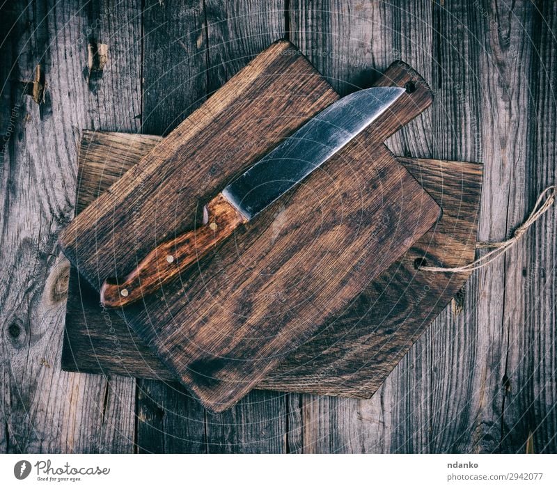 old wooden cutting boards and a knife Design Kitchen Tool Wood Old Dirty Natural Above Retro Brown White Ancient background Blank chopping cooking empty food