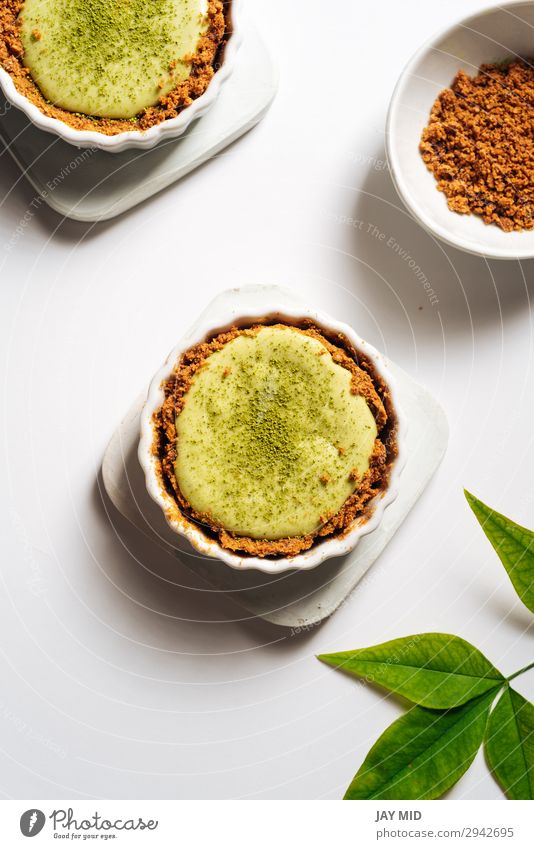 Homemade matcha cheesecake Food Cheese Dessert Candy Vegetarian diet Plate Decoration Table Leaf Fresh Small Delicious Green matcha tea Portion Home-made