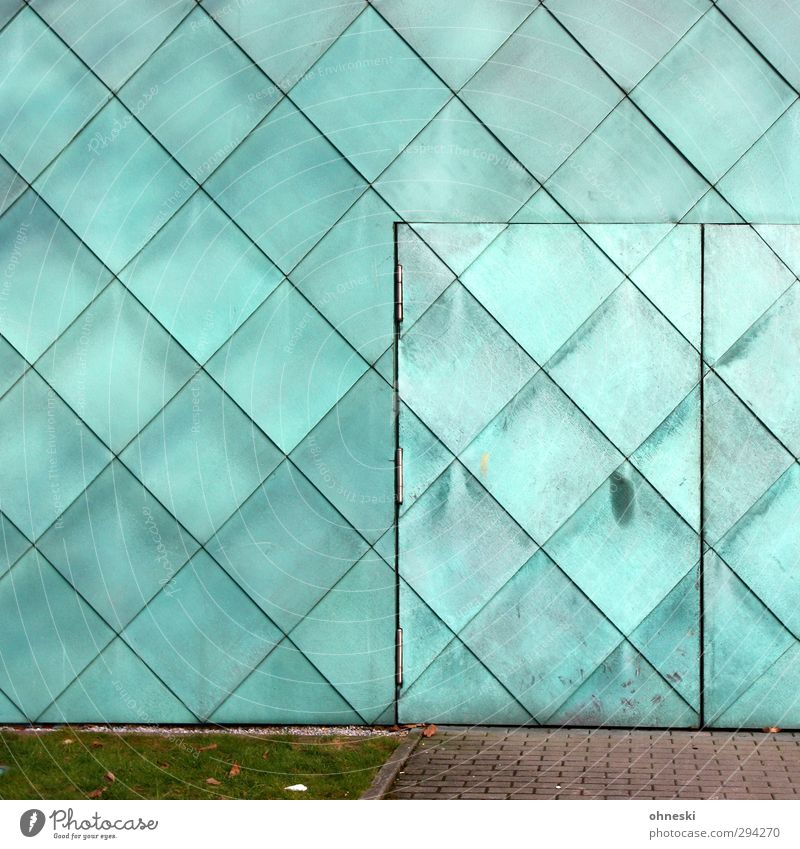 Closed Manmade structures Building Architecture Wall (barrier) Wall (building) Facade Door Line Turquoise Square Patch Colour photo Exterior shot Abstract