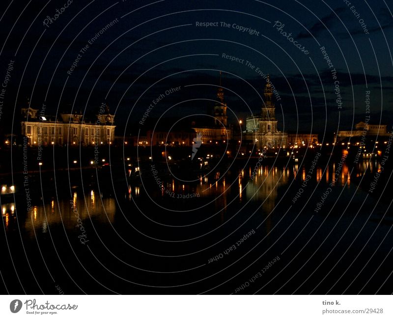 Dresden@Night Reflection Panorama (View) Long exposure Architecture Old town Elbe Large Water reflection Silhouette Night shot Copy Space Exterior shot