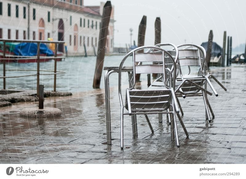 abundance Chair Table Winter Weather Bad weather Rain River bank Channel Venice Port City Places Wet Gray Tourism Gastronomy Break Deluge Subdued colour