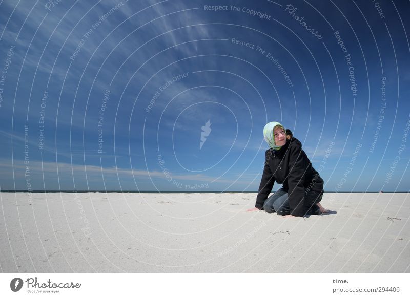 Hiddensee Cosmos Masculine 1 Human being Environment Nature Sand Sky Clouds Spring Beautiful weather Coast Beach Baltic Sea Jacket Scarf Observe Crouch Looking