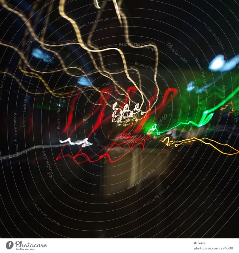 streamlines Night life Road traffic Street Transport Town Downtown Street lighting Vehicle Line Driving Multicoloured Gold Green Red Black Movement Speed