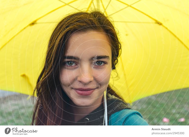 young, smiling, self-confident woman with yellow umbrella Lifestyle Joy Happy pretty Contentment Relaxation Trip Human being Feminine Young woman
