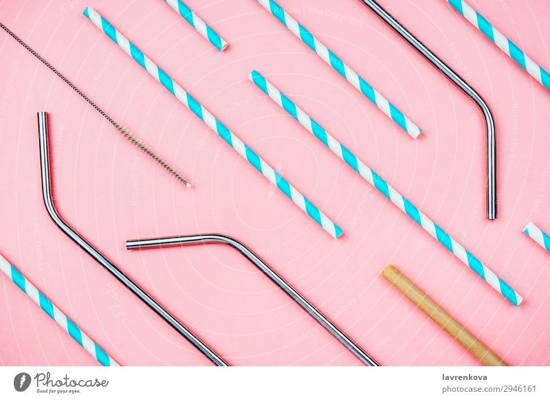 Eco straws: paper, metal and bamboo with special brush Beverage bottle brush Ecological flat lay Lifestyle Metal Pink Straw Sustainability zero waste Bamboo