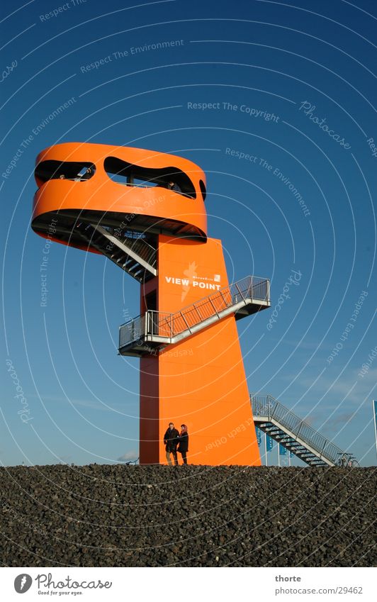 Godzilla's son Harbor city Architecture Hamburg Orange Vantage point Stairs Blue