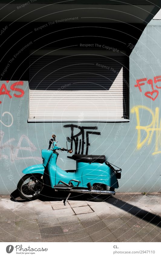 scooter Duesseldorf Town Deserted House (Residential Structure) Wall (barrier) Wall (building) Window Transport Means of transport Traffic infrastructure