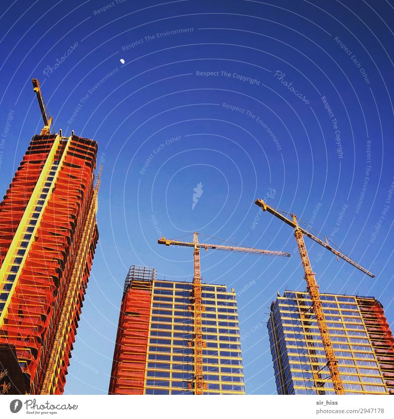 sunrise Construction site Los Angeles Skyline House (Residential Structure) High-rise Modern Town Blue Gold Red Crane Moon Ballet Colour photo Copy Space top