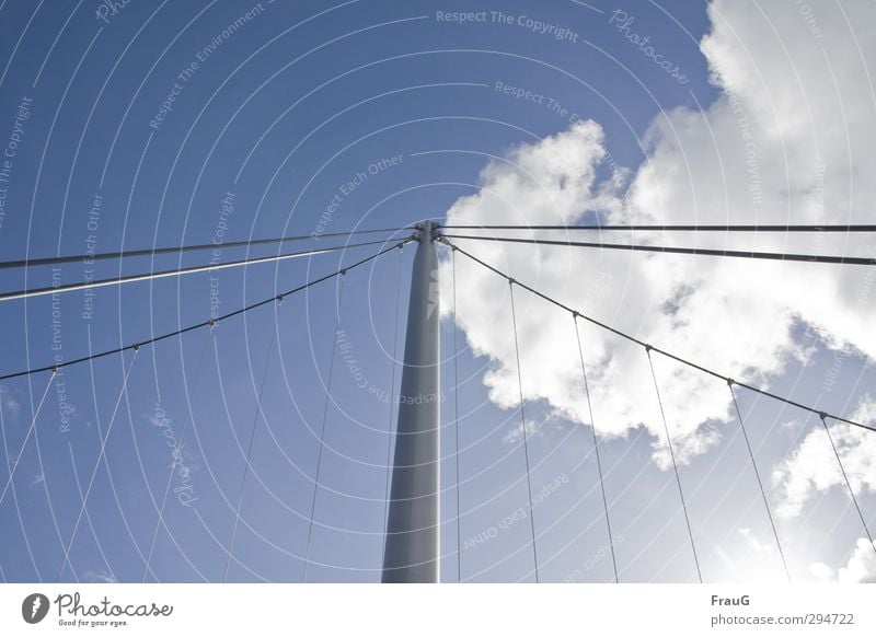 divided sky - ray of hope Sky Clouds Sunlight Summer Beautiful weather Bridge Metal Line Blue Gray White Center point Network Bridge pier Wire cable