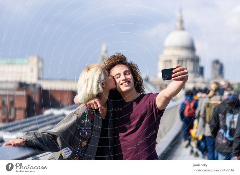 Happy couple taking a selfie on London's Millennium Bridge Lifestyle Leisure and hobbies Vacation & Travel Tourism Sightseeing Human being Masculine Feminine