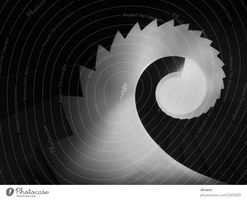 stair saw Circular saw Deserted Stairs Winding staircase Saw Saw blade Spiral Threat Sharp-edged Glittering Cold Round Gray Black Bizarre Surrealism Symmetry