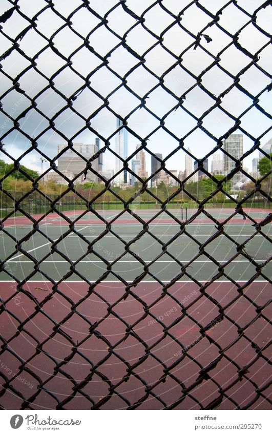 cage posture Sports Fitness Sports Training Tennis Tennis court Chicago USA Town Skyline High-rise Exceptional Fence Grating Captured Colour photo