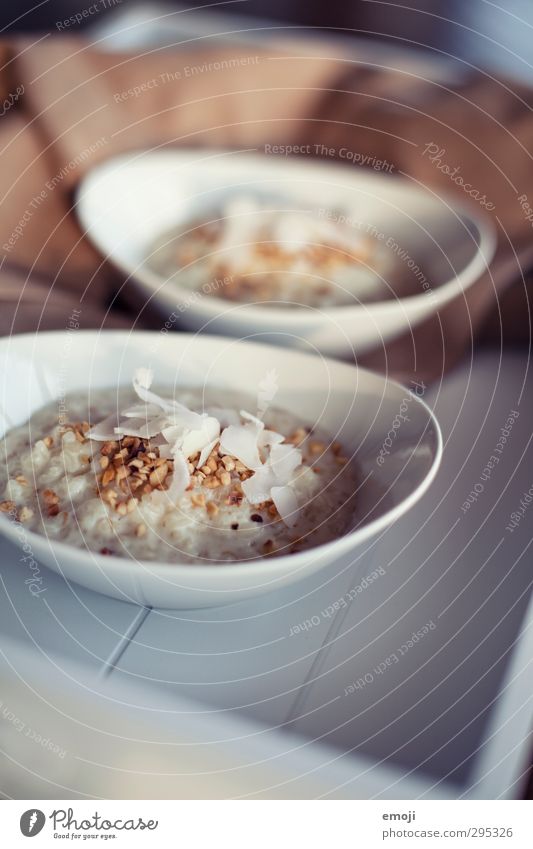 Rice pudding with coconut flakes Dairy Products Dessert Nutrition Breakfast Organic produce Vegetarian diet Bowl Delicious White Colour photo Interior shot