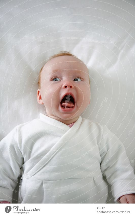 cry of joy Baby Head 1 Human being 0 - 12 months Scream Brash Happiness White Contentment Joy Colour photo Interior shot Copy Space top Bird's-eye view