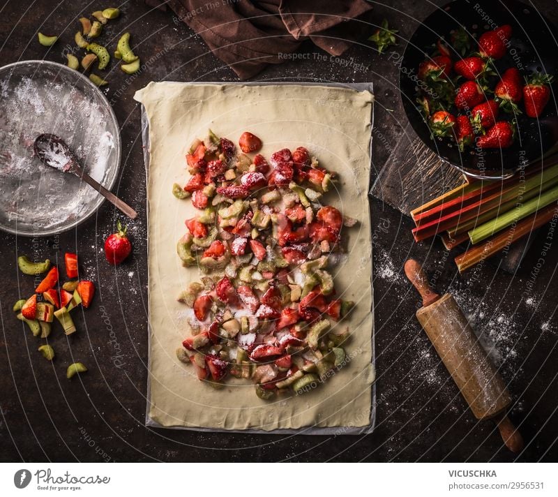 Rhubarb and strawberry strudel cake preparation Food Fruit Dough Baked goods Cake Nutrition Organic produce Vegetarian diet Crockery Style Design Healthy Eating