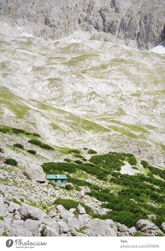 Inconspicuous Vacation & Travel Mountain Hiking Bushes Rock Alps Hut Gray Green Stone Colour photo Subdued colour Exterior shot Deserted Day Contrast