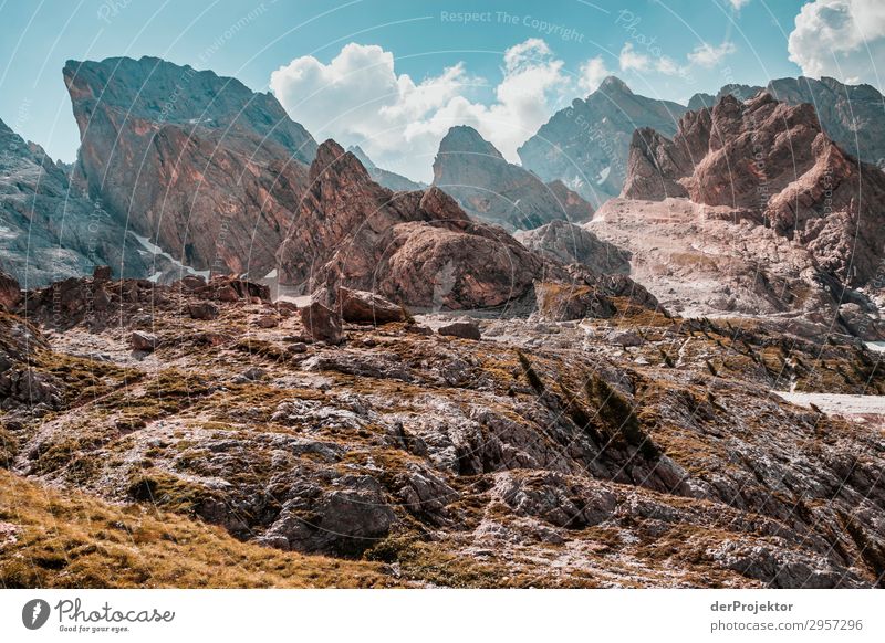 Dolomites with rocks in foreground III Adventure Hiking Beautiful weather Bad weather Fog Peak Summer Landscape Nature Environment Far-off places Freedom