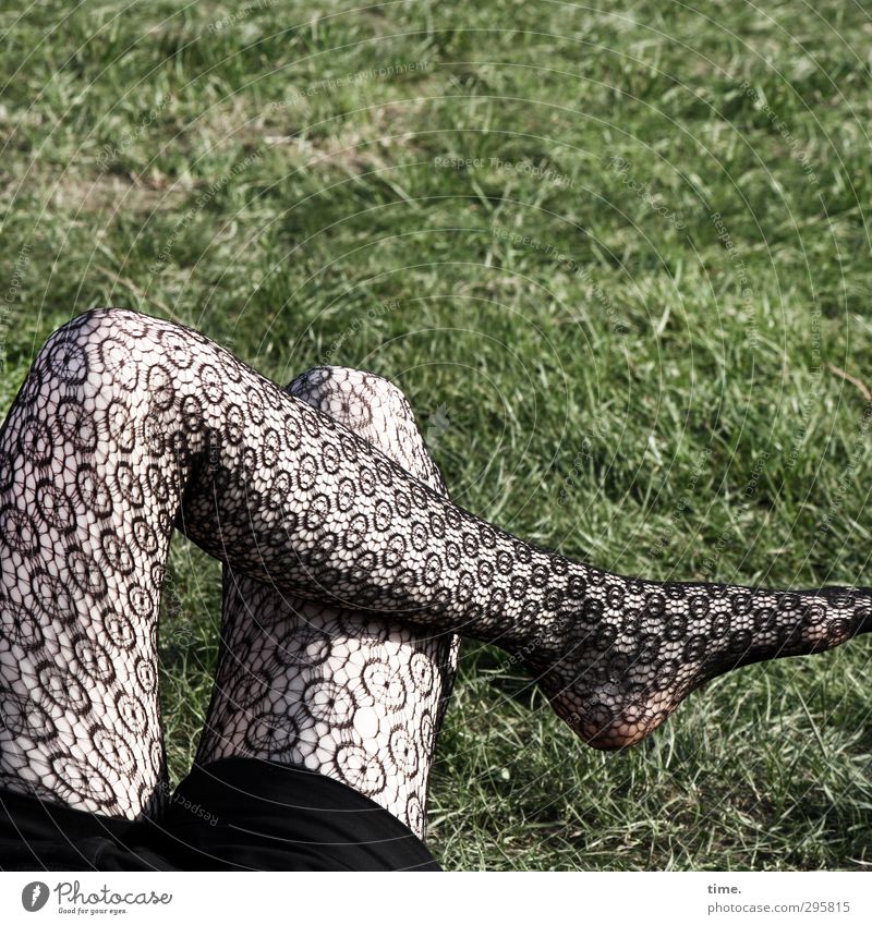 ready for springtime Feminine Legs 1 Human being Meadow Clothing Tights Sit Thin Beautiful Crazy Spring fever Patient Relaxation Serene Break Restful Crossed