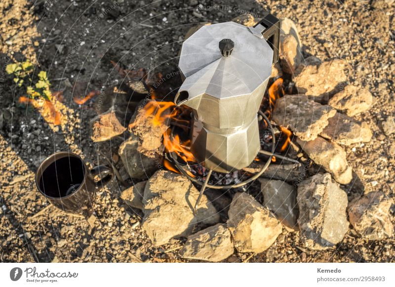 Preparing coffee with bonfire during a camp in nature. Food Breakfast To have a coffee Picnic Beverage Hot drink Coffee Espresso Pot Cup Mug Lifestyle