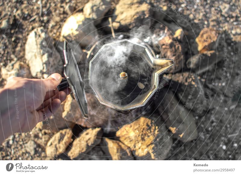 Preparing coffee with bonfire during a camp in nature. Food Breakfast Hot drink Coffee Pot Lifestyle Healthy Wellness Harmonious Contentment Senses Calm