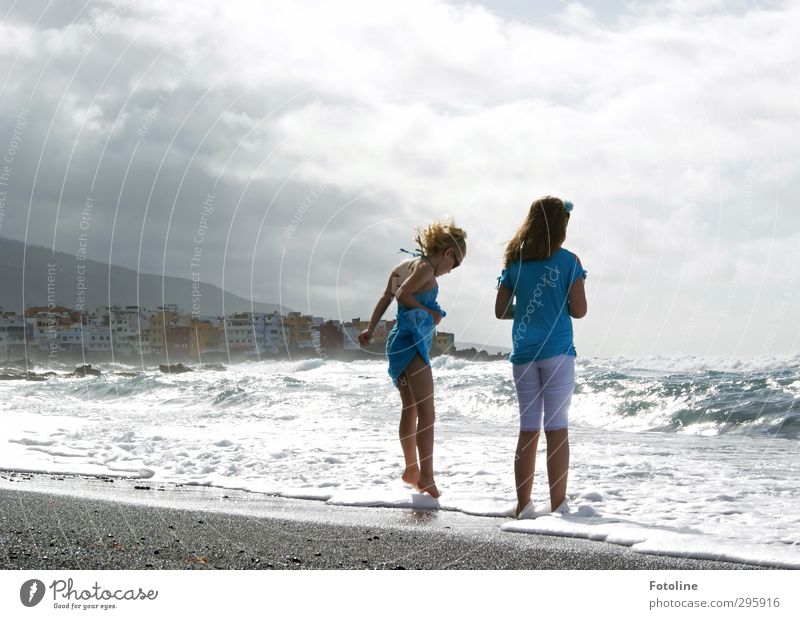 My rocks in the surf! Human being Feminine Child Girl Brothers and sisters Sister Infancy Life Hair and hairstyles Back Arm Legs Feet 2 Elements Water Sky