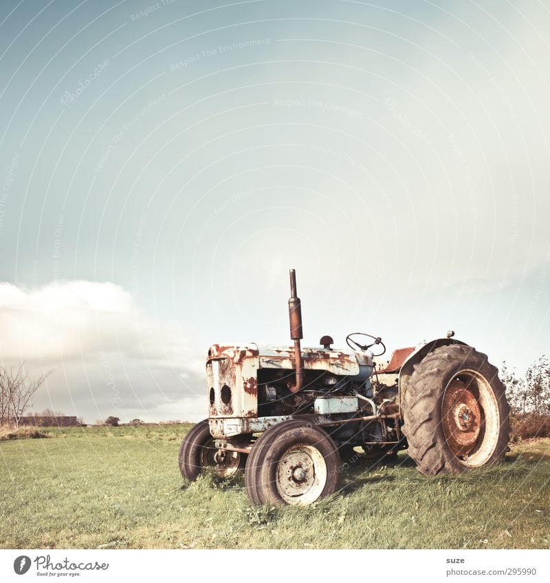 Land Rover Agriculture Forestry Machinery Environment Nature Sky Clouds Beautiful weather Meadow Vehicle Tractor Vintage car Rust Old Dirty Bright Broken