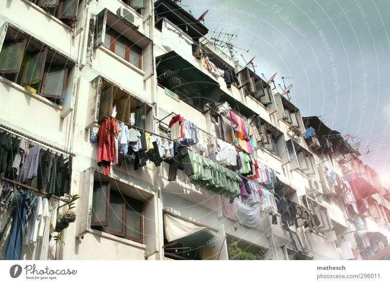Asia Living or residing Flat (apartment) House (Residential Structure) Balcony Window Clothing Warmth Blue Multicoloured White Washing Dry Hang Clothesline