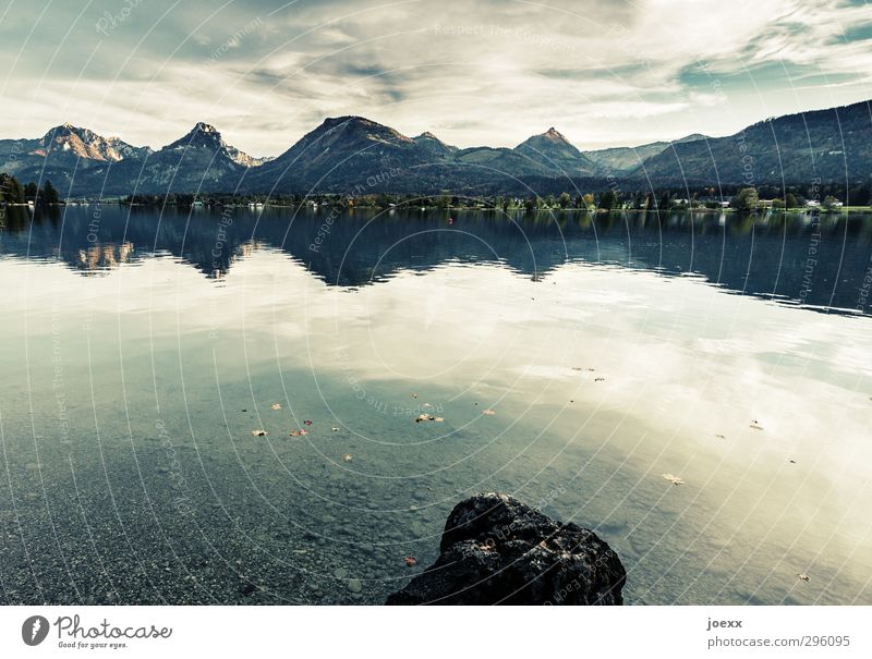 Abersee Mountain Landscape Water Sky Clouds Summer Beautiful weather Alps Lakeside Lake Wolfgang Austria Stone Tall Blue Gray Green Black White Serene Calm