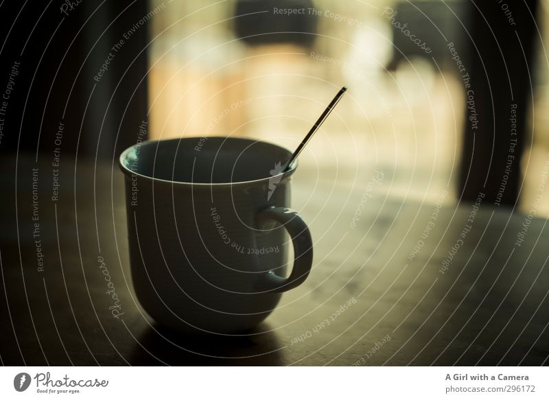 Moin Moin Beverage Hot drink Coffee Cup Spoon Contentment Living or residing Subdued colour Interior shot Deserted Copy Space right Light Shadow Contrast