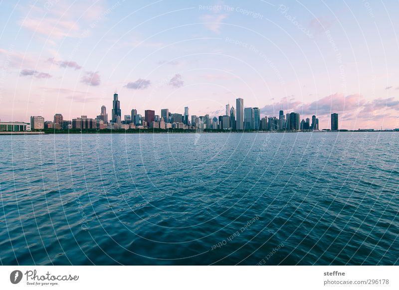 Inhale the morning Water Sky Sunrise Sunset Summer Beautiful weather Waves Coast Lakeside Michigan Lake Chicago USA Town Skyline High-rise Peace Calm Style