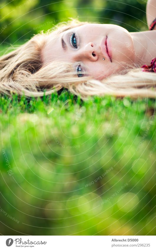 In the morning dew I Beautiful Harmonious Well-being Feminine Young woman Youth (Young adults) Face 1 Human being Nature Sunlight Meadow Dress Piercing Blonde