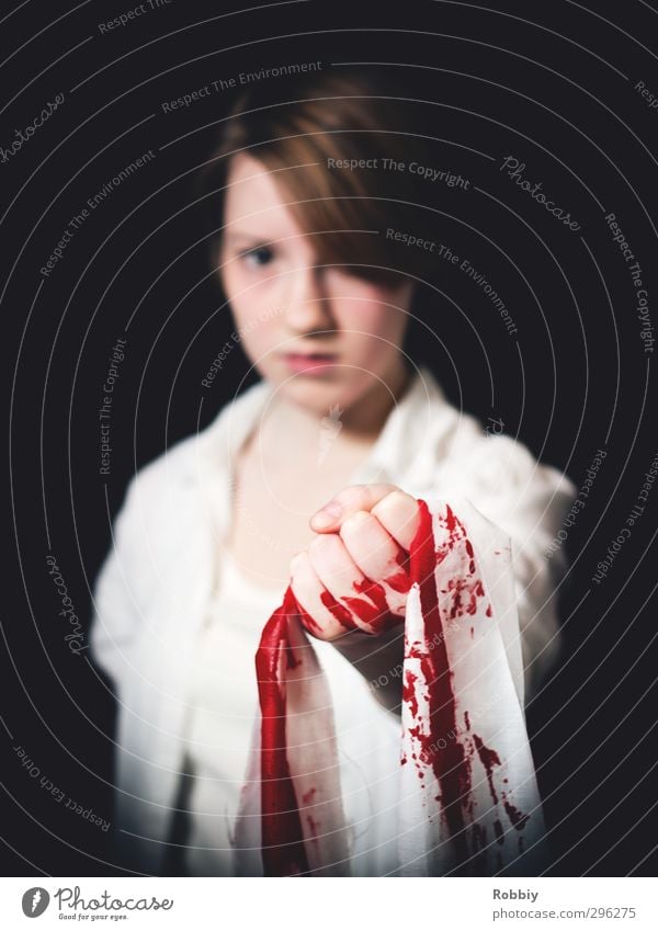 The innocence of their blood Feminine Young woman Youth (Young adults) 1 Human being 13 - 18 years Child To hold on Stand Threat Red Black White Pain Guilty