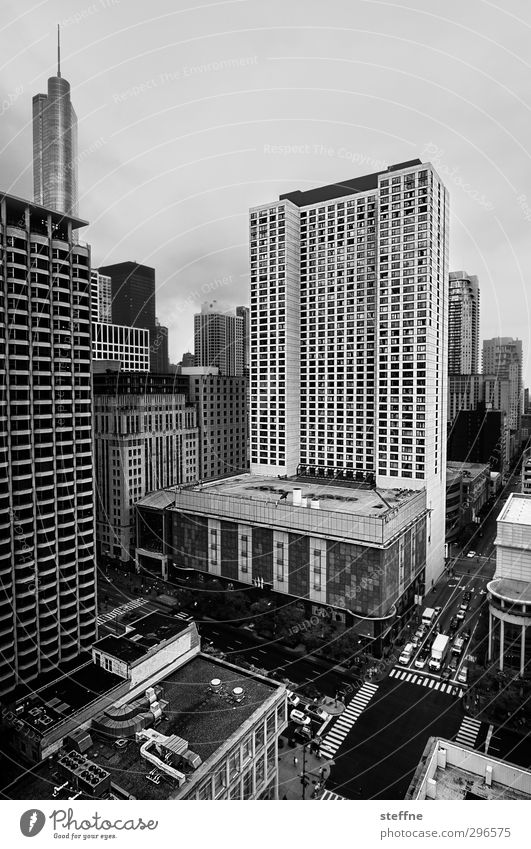 matter of opinion Chicago USA Town Downtown Skyline House (Residential Structure) High-rise Transport Motoring Crossroads gorge of houses Black & white photo