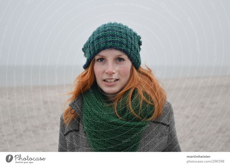 RedSun Feminine Young woman Youth (Young adults) Woman Adults 1 Human being 18 - 30 years Beach Baltic Sea Ocean Smiling Natural Gray Green Orange Happy Trust