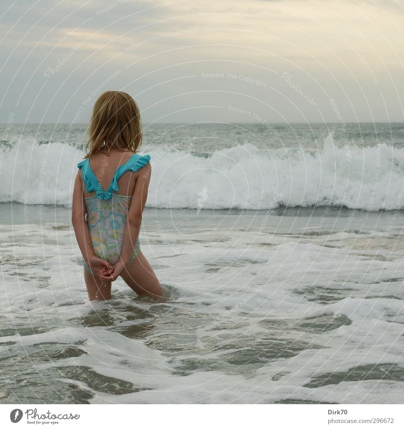 Waiting for the wild waves: Girls on the beach. Playing Children's game Vacation & Travel Adventure Summer vacation Beach Ocean Waves Swimming & Bathing