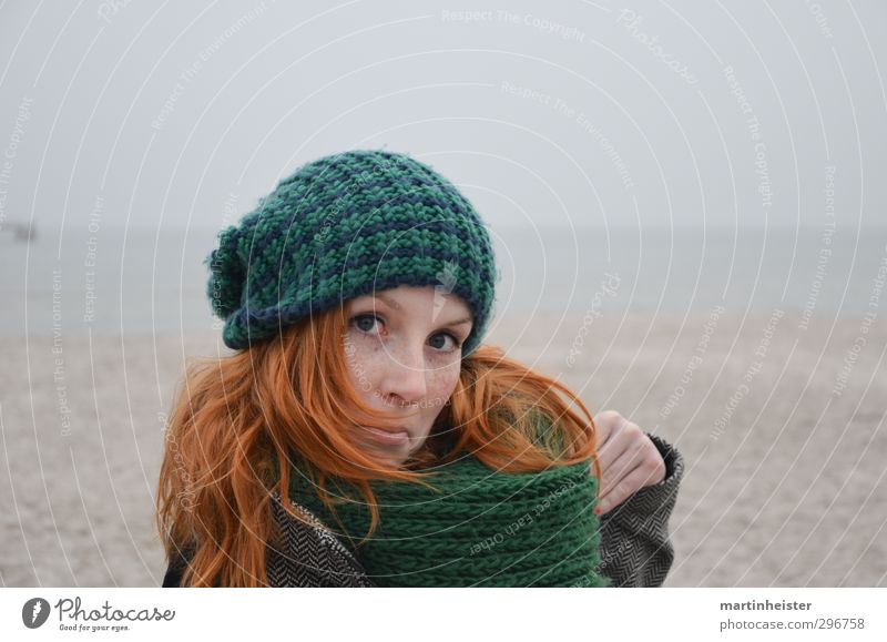 Gimme to me baby, aha aha Feminine Young woman Youth (Young adults) Woman Adults Nature Beach Baltic Sea Ocean Cap Red-haired Brash Crazy Joy Absurdity Funny