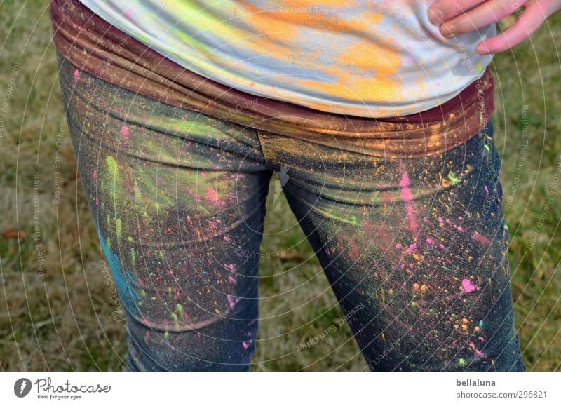 After Holi Battle Human being Feminine Young woman Youth (Young adults) Woman Adults Life Body Hand Fingers Stomach Legs 1 18 - 30 years Meadow Stand Blue