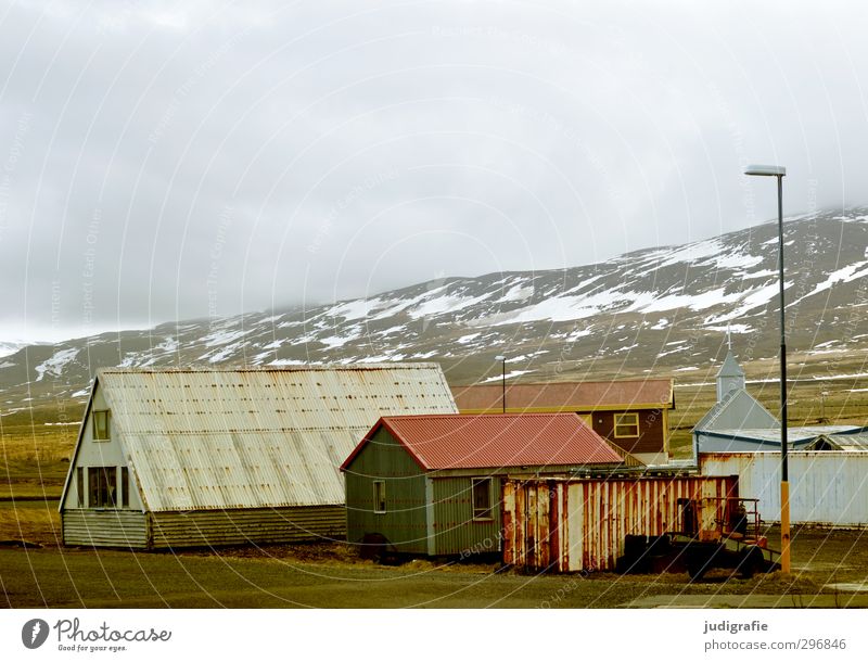 Iceland Environment Nature Landscape Sky Clouds Climate Mountain Snowcapped peak Village House (Residential Structure) Hut Church Building Roof Dark Simple