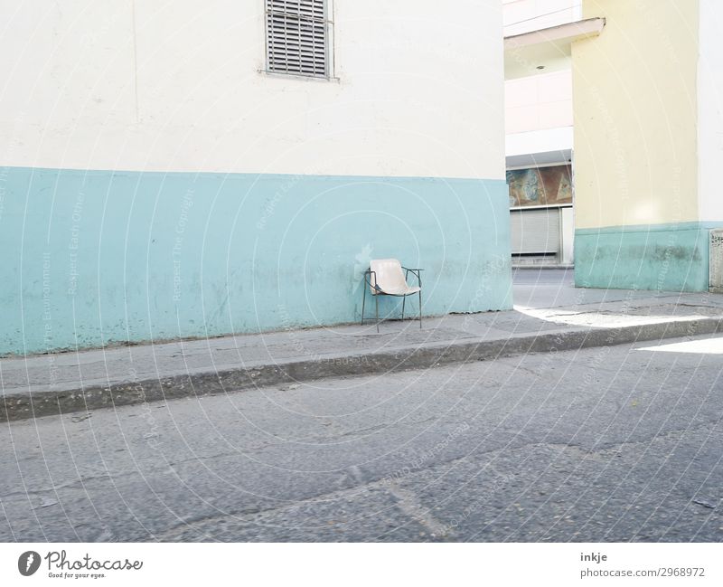 Cuban chair Small Town Deserted House (Residential Structure) Wall (barrier) Wall (building) Facade Window Street Sidewalk Chair Poverty Authentic Retro Blue