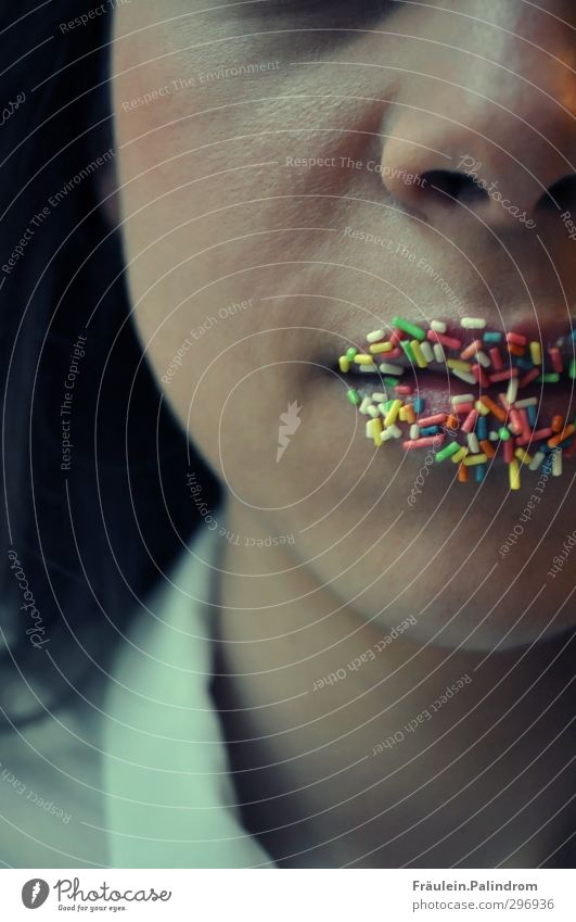 Sugar-blooded I. Feminine Young woman Youth (Young adults) Woman Adults Lips 1 Human being 18 - 30 years Eating Candy Granules Cake Baker Stick Colour photo
