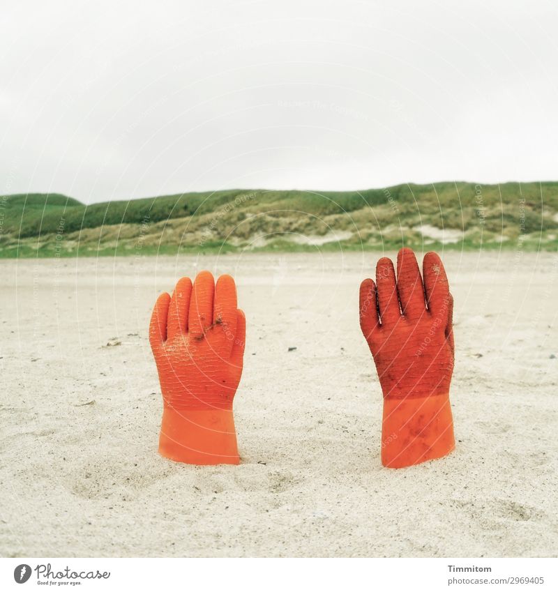 Give me your hand, my life... Vacation & Travel Environment Nature Coast North Sea Denmark Gloves Gray Green Orange Emotions Sand Irritation Beach dune