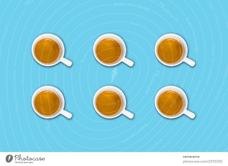 group of coffee cups on a light blue pastel table Breakfast Beverage Coffee Espresso Lifestyle Design Summer Table Group Aircraft Fashion Fresh Hot Bright